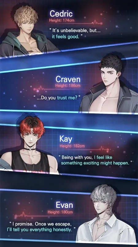 A screenshot of the character selection screen in Truth of Blood, highlighting the four potential love interests.