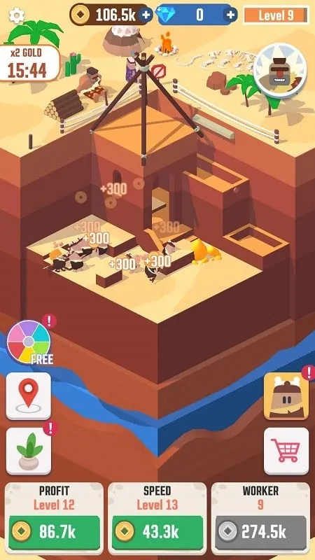 A screenshot of the game Idle Digging Tycoon, showing the upgrade menu where players can enhance their mining tools and worker efficiency.