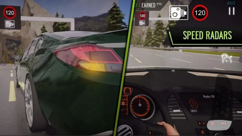 A screenshot of the game POV Car Driving showcasing the in-car perspective while driving on a snowy road.