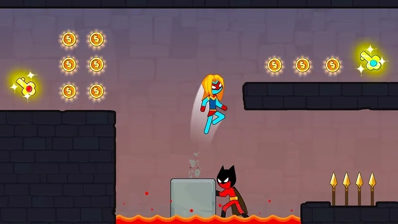 A screenshot of the game Stickman Red boy and Blue girl displaying various in-game skins.