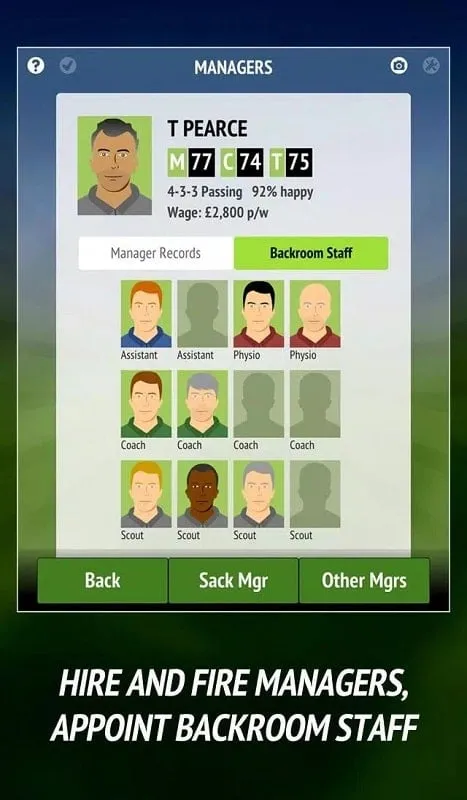 A screenshot of the gameplay in Football Chairman Pro, showing the team management interface.