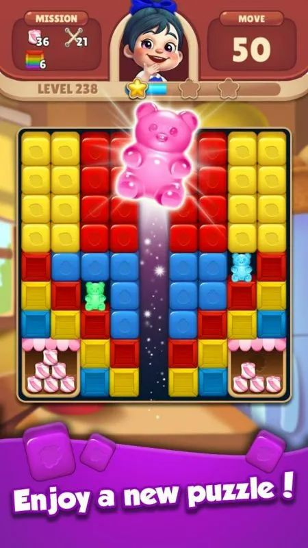 Tangkapan layar gameplay Hello Candy Blast, menampilkan blok permen warna-warni.