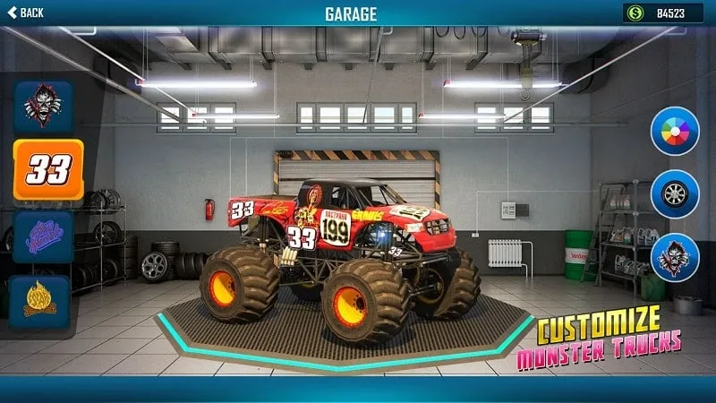 A screenshot of the game's upgrade menu, showcasing the different upgrade options for the monster trucks.