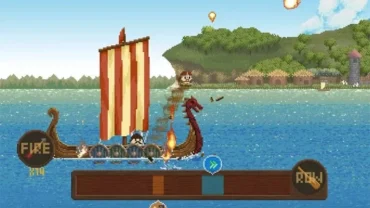 A screenshot of The Last Vikings gameplay featuring a battle scene on a longship.