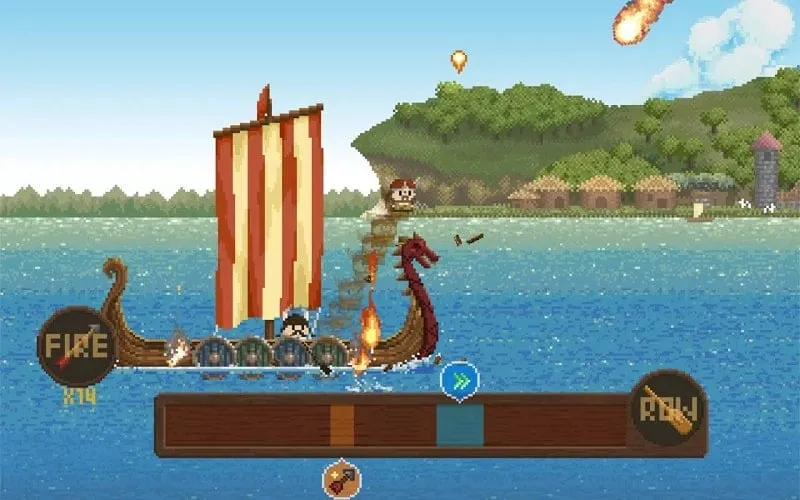 A screenshot of The Last Vikings gameplay featuring a battle scene on a longship.