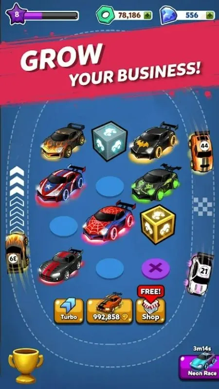 A screenshot of the Merge Neon Car game displaying the merging of two cars.