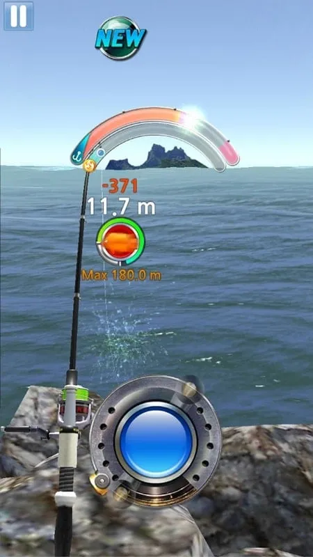 A screenshot of the Monster Fishing game showing a player reeling in a large fish.