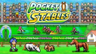 A screenshot of the Pocket Stables game showing the horse racing track and surrounding facilities.