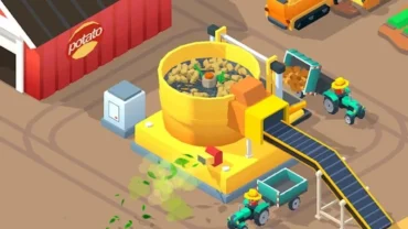 A screenshot of the Potato Inc game, showcasing the main interface with fields and processing plants.