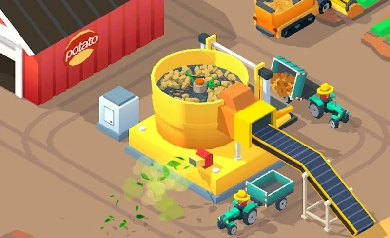 A screenshot of the Potato Inc game, showcasing the main interface with fields and processing plants.