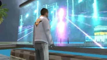 A screenshot of the Space Gangster 2 game, showing the character in a futuristic city environment.