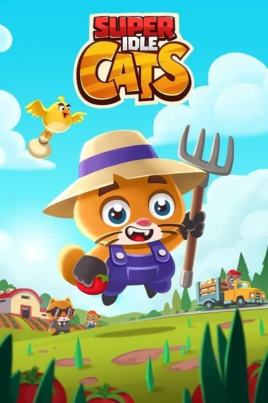 Captura de pantalla del juego Super Idle Cats que muestra la granja y sus diversos árboles frutales.