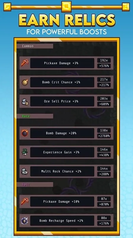 A screenshot of the upgrade menu in Idle Obelisk Miner, showcasing various upgrade options available to players.