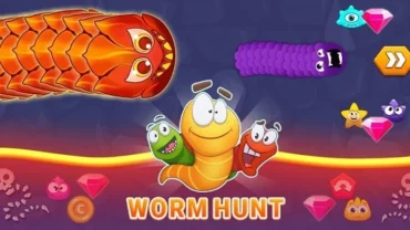 A screenshot of Worm Hunt gameplay, showcasing multiple worms competing in a vibrant arena.