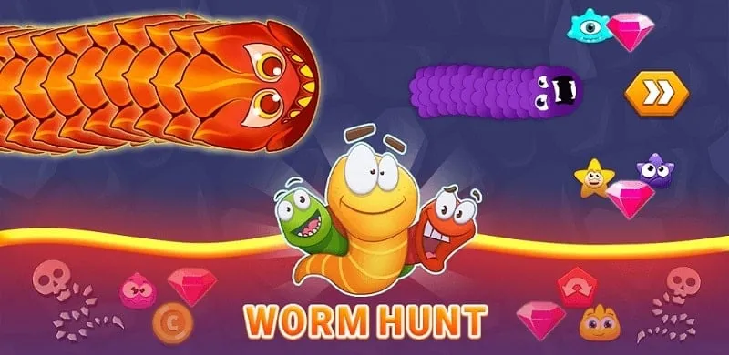 A screenshot of Worm Hunt gameplay, showcasing multiple worms competing in a vibrant arena.