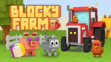 A screenshot showcasing the blocky graphics and farm layout in Blocky Farm.