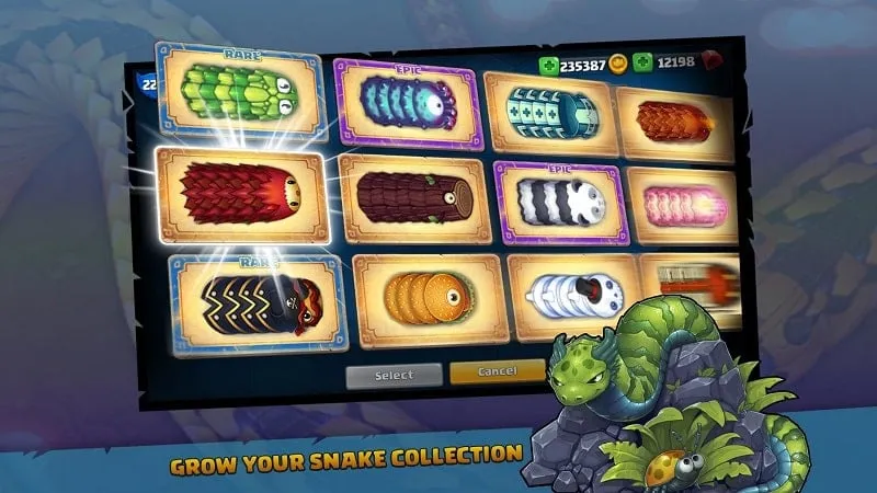 A screenshot showcasing the different snake skins available in Little Big Snake, highlighting the visual customization options.