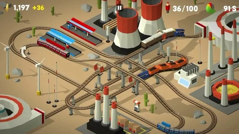 A screenshot showcasing the gameplay of Conduct THIS, with multiple trains navigating a complex rail network.