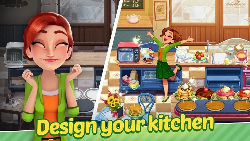 Tangkapan layar yang menampilkan gameplay Delicious World, dengan Emily menyiapkan makanan di dapur restorannya yang ramai.