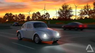 A screenshot showcasing the gameplay of Driving Zone: Germany, featuring a sleek car navigating a winding road surrounded by lush greenery.