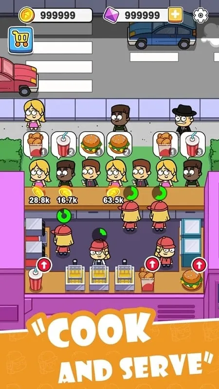 A screenshot showcasing the gameplay of Idle Food Bar with a focus on customer interactions.