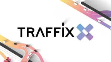A screenshot showcasing the minimalist design of Traffix with various vehicles navigating intersections.