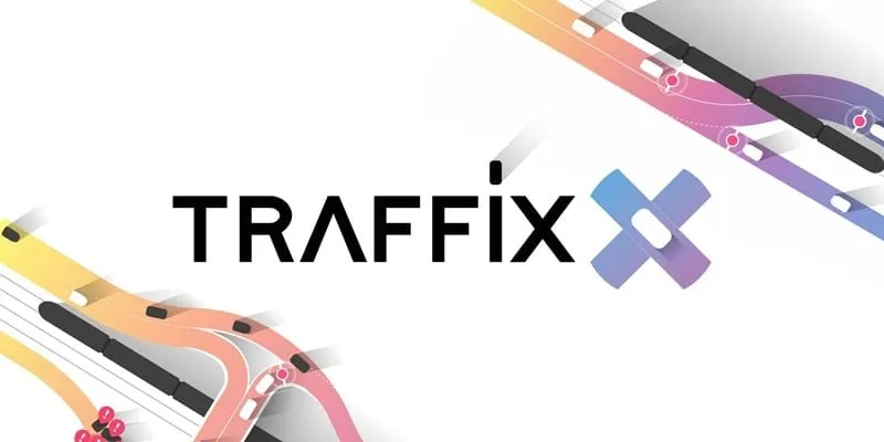 A screenshot showcasing the minimalist design of Traffix with various vehicles navigating intersections.