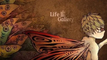 A screenshot showcasing the unique art style of Life Gallery, with dark, intricate drawings and a prominent eye motif.