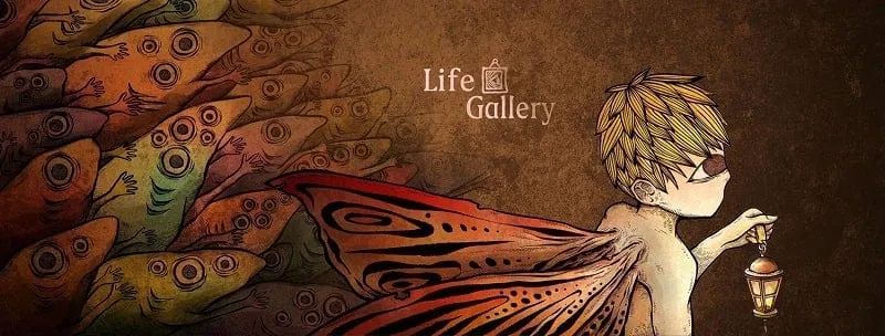 A screenshot showcasing the unique art style of Life Gallery, with dark, intricate drawings and a prominent eye motif.