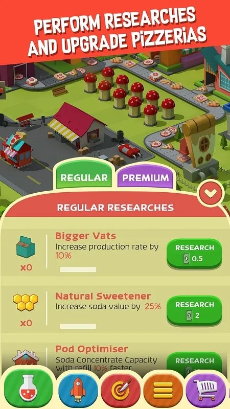 A screenshot showcasing the upgrade menu in Pizza Factory Tycoon Games with the free upgrade feature highlighted.