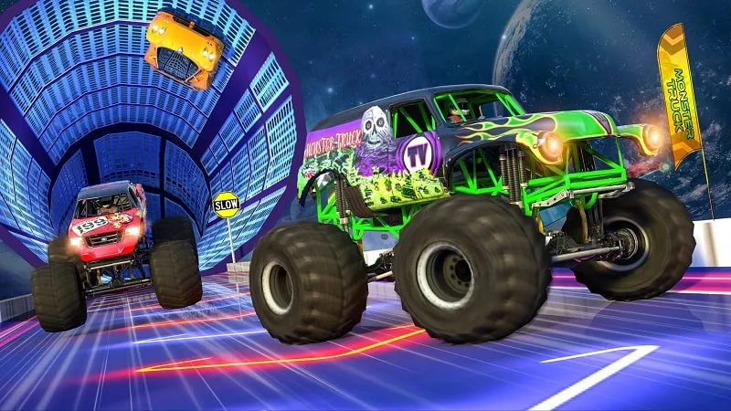 A screenshot showcasing the various monster truck options available in the game.