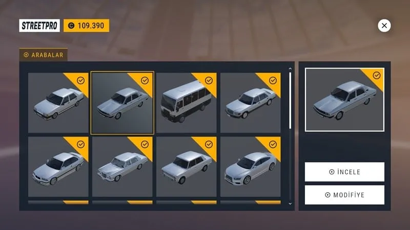 A selection of unlocked vehicles in StreetPro.