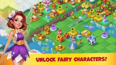 A serene landscape in the game Fairyland, showcasing various buildings and characters.