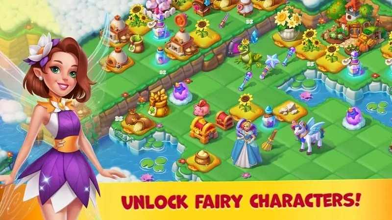 Paisaje sereno del juego Fairyland, mostrando varios edificios y personajes.