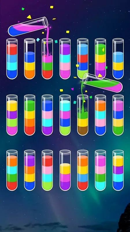 A smartphone showcasing the solved Water Sort puzzle, with all colors correctly sorted.