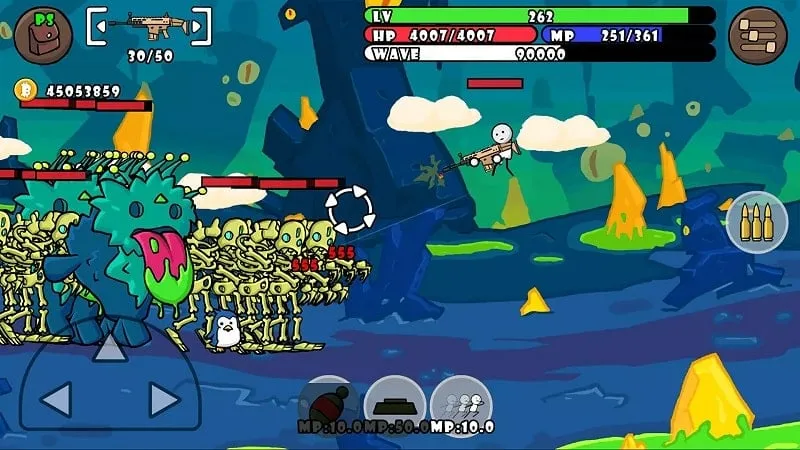 A stickman character wielding a large weapon and standing amidst defeated enemies in the game One Gun: Stickman.