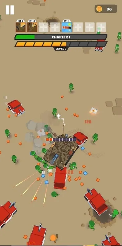 A tank engaging in combat with enemy units in Tank Survival.