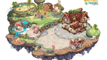 A vibrant landscape showcasing various buildings and activities in Kawaii Islands.