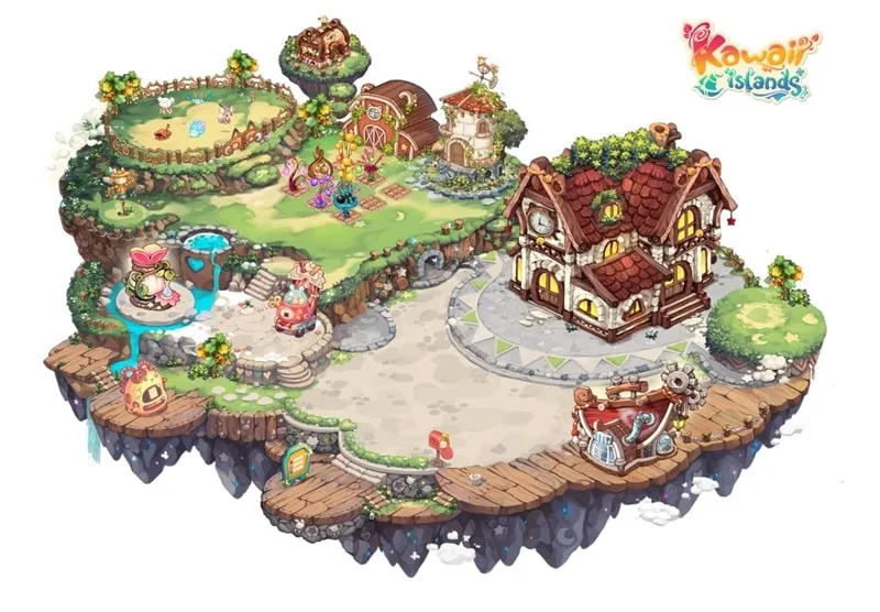 A vibrant landscape showcasing various buildings and activities in Kawaii Islands.