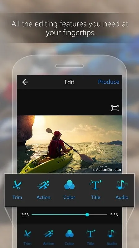 ActionDirector Video Editor mod interface showing premium features