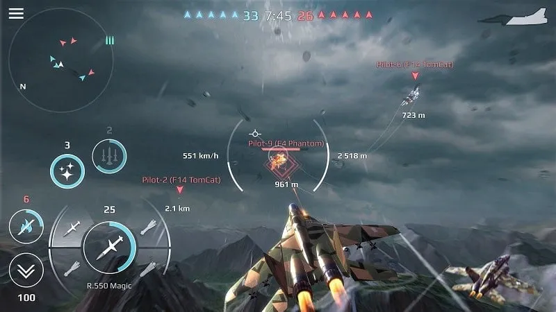 Activating and using the unlimited rockets mod feature during gameplay in Sky Combat.