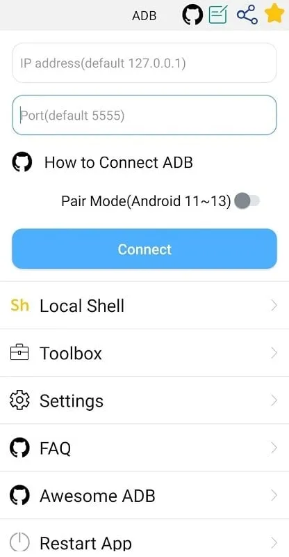 ADB Shell mod interface showing premium features