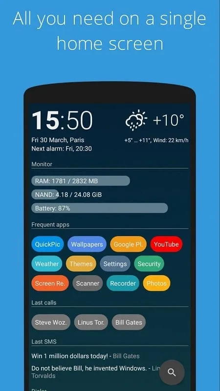 Giao diện AIO Launcher MOD hiển thị các tính năng premium