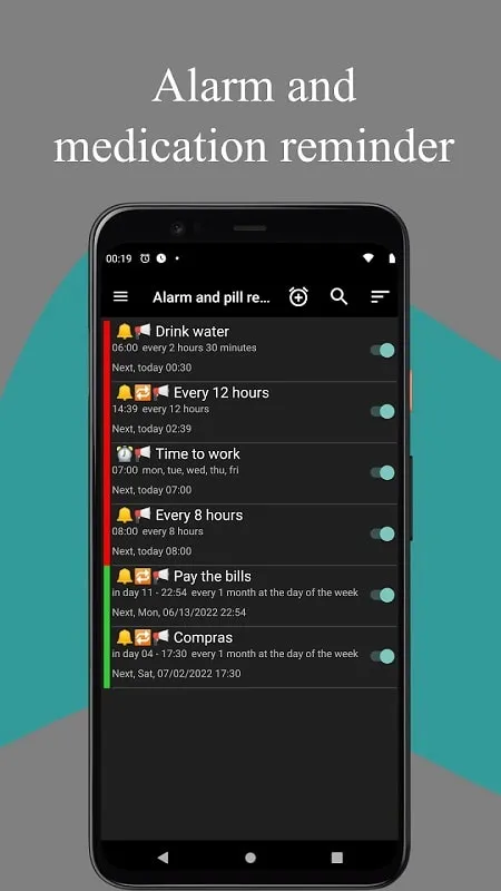 Jadwal pengobatan di aplikasi Alarm and Pill Reminder Mod