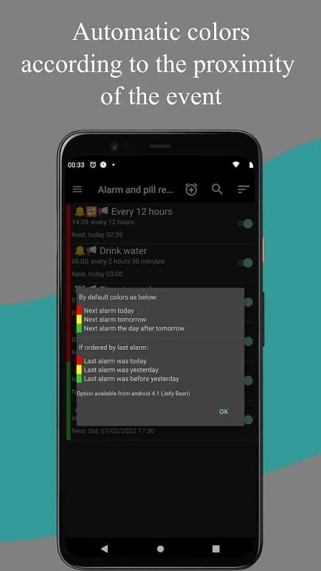 Tampilan antarmuka Alarm and Pill Reminder Mod dengan fitur premium