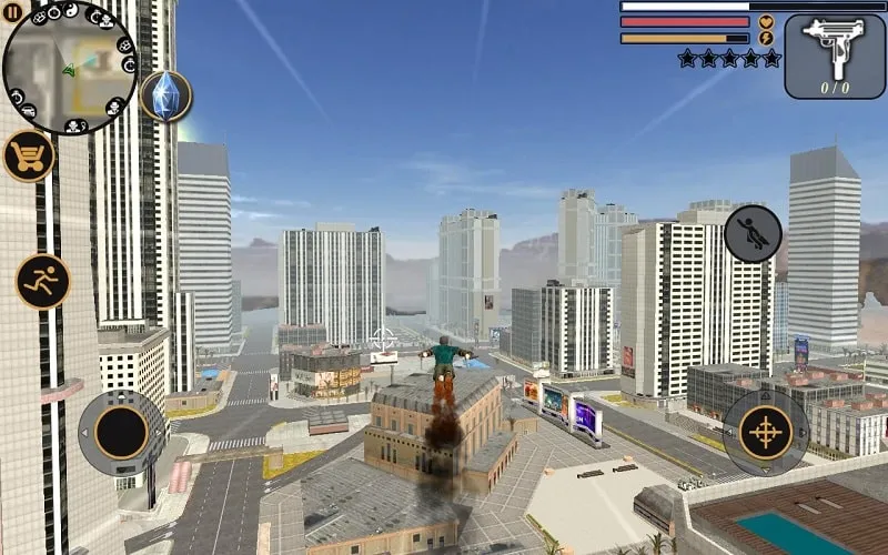 An in-game screenshot of Vegas Crime Simulator 2 showcasing the player character engaged in a fast-paced car chase scene.