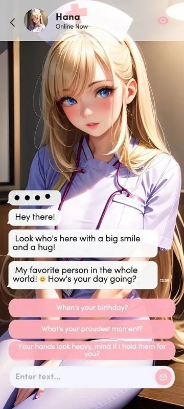 Captura de pantalla del juego Waifu Chat, que muestra la interfaz de chat y la interacción con un personaje de IA.