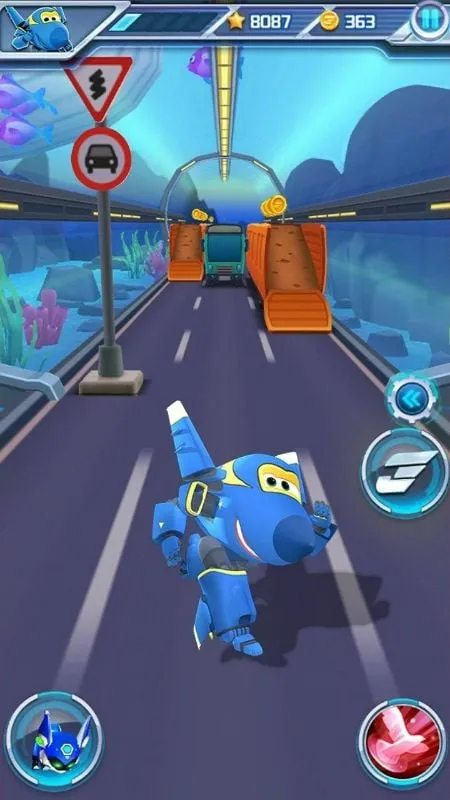 An in-game view of Super Wings featuring a robot character navigating a challenging obstacle course filled with various hurdles.