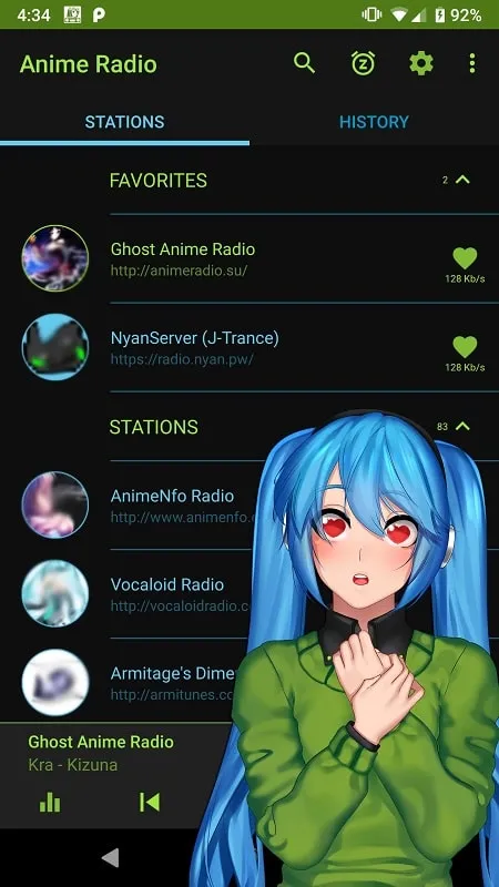 Anime Music Radio mod interface showing premium features