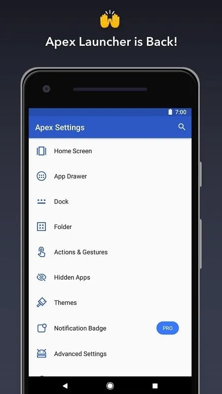 Apex Launcher mod interface showing premium features